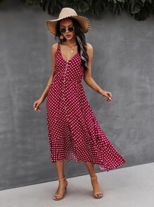SHEIN VCAY Button Through Drawstring Waist Polka Dot Cami Dress - Burgundy - View 4