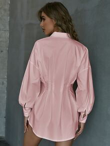 SHEIN SXY Button Front Pleated Waist Drop Shoulder Blouse - Baby Pink - View 2
