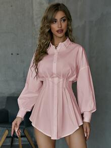 SHEIN SXY Button Front Pleated Waist Drop Shoulder Blouse - Baby Pink - View 4