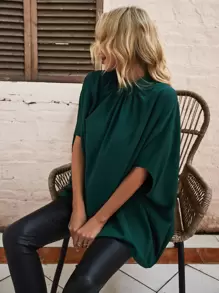 SHEIN Unity Tie Back Batwing Sleeve Blouse - Dark Green - View 1