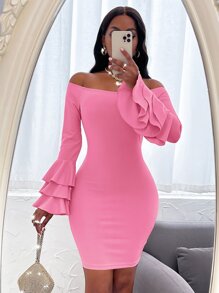 SOLERSUN Off Shoulder Layered Sleeve Bodycon Dress - Pink - View 1