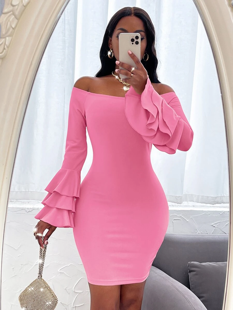 SOLERSUN Off Shoulder Layered Sleeve Bodycon Dress - Pink - View 1