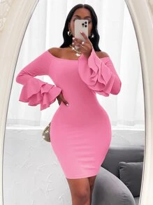 SOLERSUN Off Shoulder Layered Sleeve Bodycon Dress - Pink - View 3
