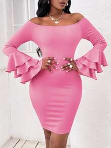 SOLERSUN Off Shoulder Layered Sleeve Bodycon Dress - Pink - View 4