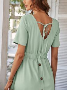 Breezaya Button Detail Tie Back Dual Pocket Dress Maxi Vacation Beach Outfits Women - Green - View 2