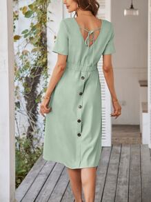 Breezaya Button Detail Tie Back Dual Pocket Dress Maxi Vacation Beach Outfits Women - Green - View 4