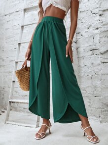Tulip Hem Wide Leg Trousers - Dark Green - View 5