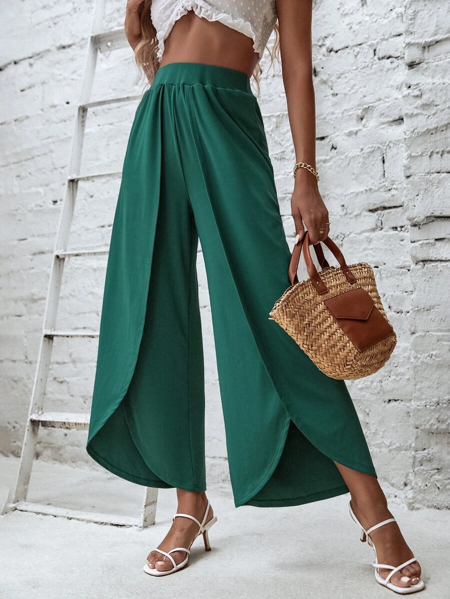 Tulip Hem Wide Leg Trousers - Dark Green - View 1