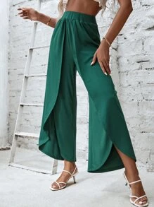 Tulip Hem Wide Leg Trousers - Dark Green - View 6