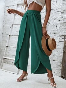 Tulip Hem Wide Leg Trousers - Dark Green - View 3