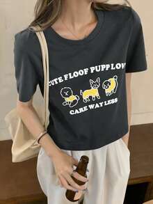 字母和卡通圖案T恤 - 深灰色 - 查看 1
