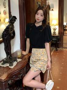 Contrast Bow Open Back Puff Sleeve Blouse - Black - View 1