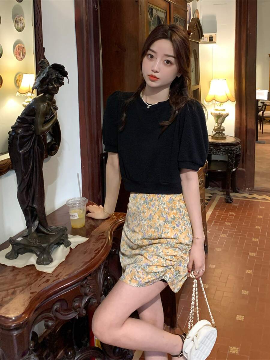 Contrast Bow Open Back Puff Sleeve Blouse - Black - View 1