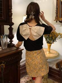 Contrast Bow Open Back Puff Sleeve Blouse - Black - View 2