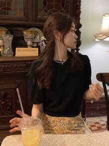 Contrast Bow Open Back Puff Sleeve Blouse - Black - View 3