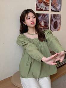Blus Lengan Mengembang dengan Detail Jala Kontras - Hijau Tentara - View 4