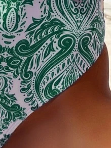 Summer Random Damask Print Knot Shoulder One Piece Swimsuit - Multicolor - View 4