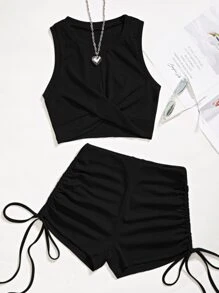 SHEIN Unity unicolor girante delantero Top tank corto & Shorts - Negro - Ver 1