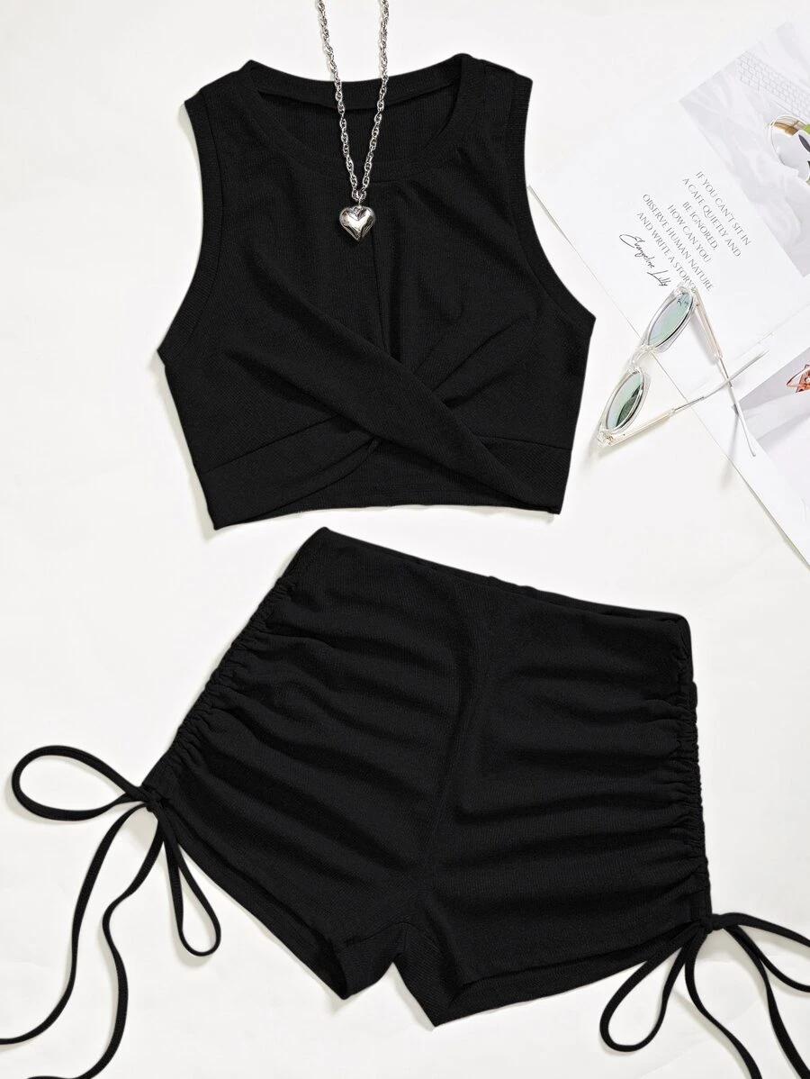 SHEIN Unity unicolor girante delantero Top tank corto & Shorts - Negro - Ver 1