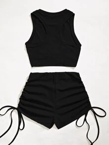 SHEIN Unity unicolor girante delantero Top tank corto & Shorts - Negro - Ver 2