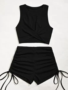 SHEIN Unity unicolor girante delantero Top tank corto & Shorts - Negro - Ver 3