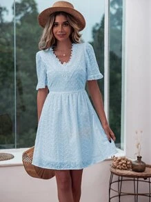 SHEIN Unity Vestido con bordado con ojal con encaje en contraste - Celeste - Ver 4