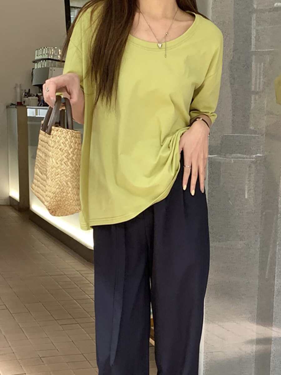 纯色落肩超大 T 恤，男女通用 - 芥末黃 - 查看 1