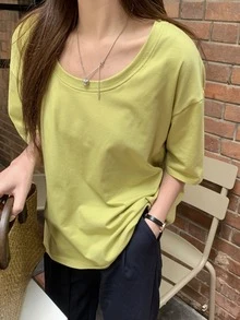 纯色落肩超大 T 恤，男女通用 - 芥末黃 - 查看 3