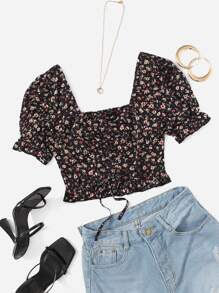 Soleia 小碎花後打褶抽繩前抽褶荷葉邊上衣 - 彩色 - 查看 1