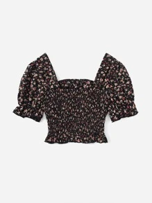 Soleia 小碎花後打褶抽繩前抽褶荷葉邊上衣 - 彩色 - 查看 2