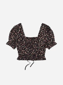 Soleia 小碎花後打褶抽繩前抽褶荷葉邊上衣 - 彩色 - 查看 3