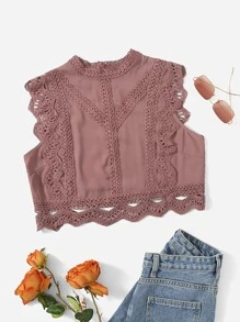 Soleia Contrast Lace Mock Neck Crop Top - Dusty Pink - View 1