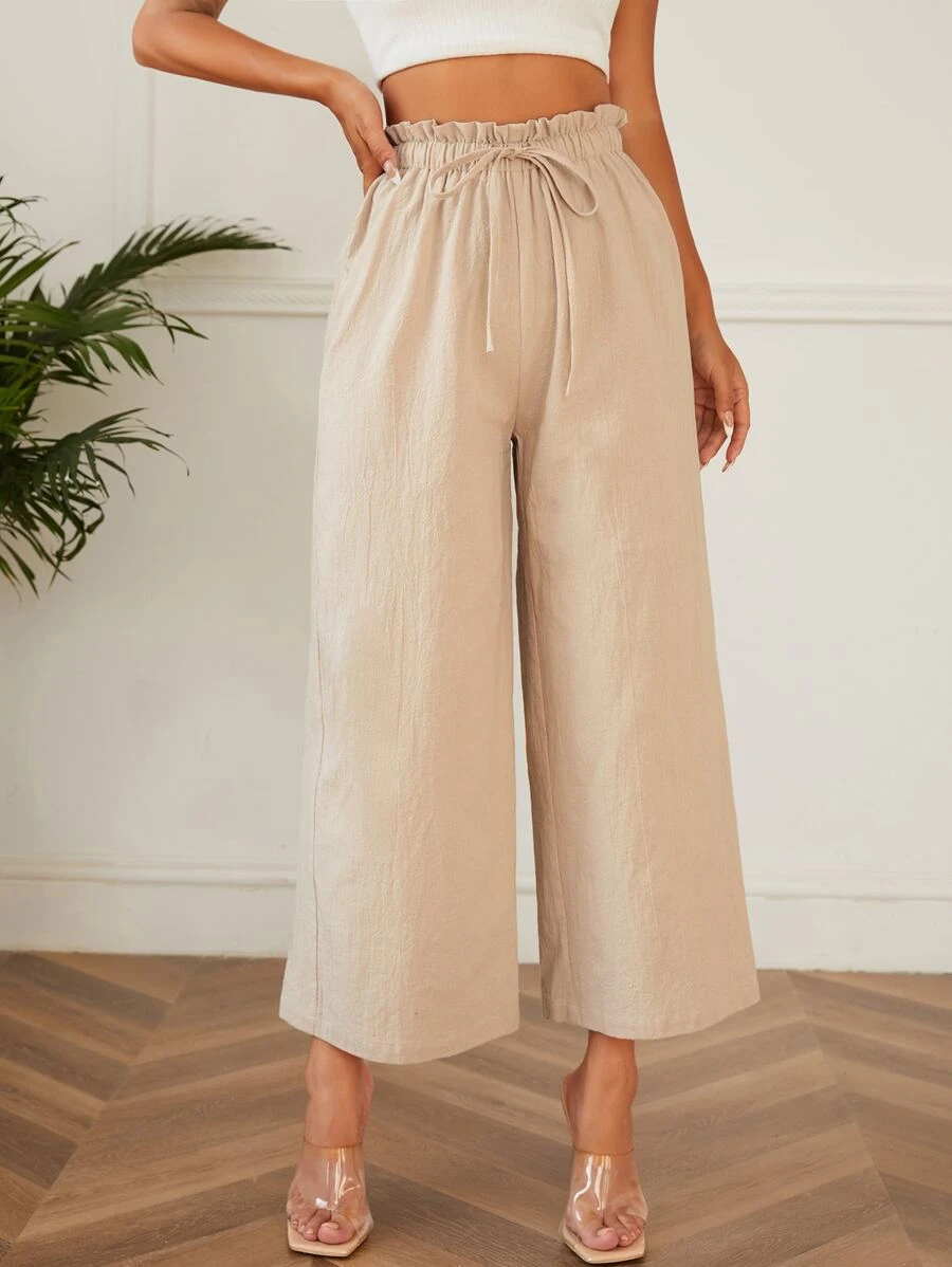 SHEIN PETITE Quần nữ Dây kéo Quần paper-bag màu trơn Giải trí - Màu be - Xem 1
