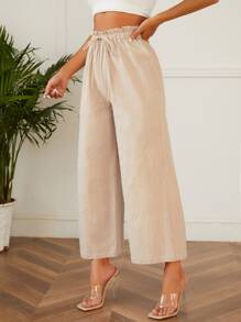 SHEIN PETITE Quần nữ Dây kéo Quần paper-bag màu trơn Giải trí - Màu be - Xem 3