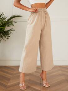 SHEIN PETITE Quần nữ Dây kéo Quần paper-bag màu trơn Giải trí - Màu be - Xem 4