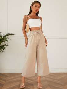 SHEIN PETITE Quần nữ Dây kéo Quần paper-bag màu trơn Giải trí - Màu be - Xem 5