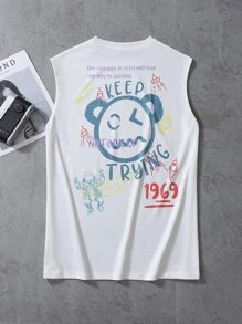 Manfinity Roghcode 男士卡通和標語圖案背心上衣 - 白色 - 查看 1