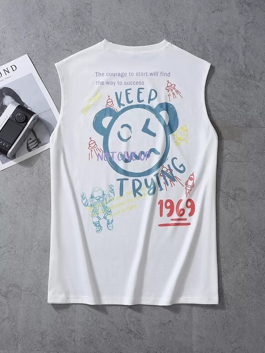 Manfinity Roghcode 男士卡通和標語圖案背心上衣 - 白色 - 查看 1