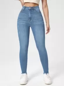SHEIN Essnce High Waist Raw Hem Skinny Jeans