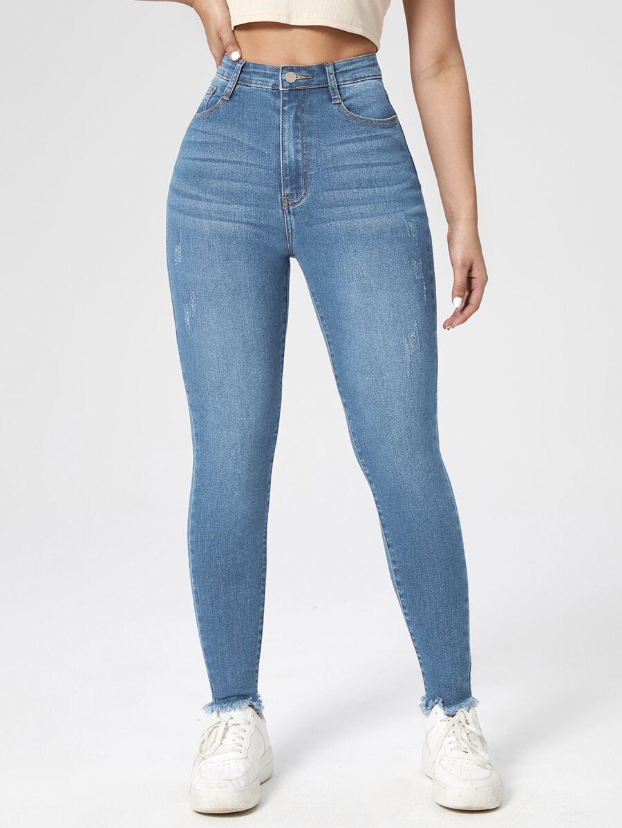 SHEIN Essnce High Waist Raw Hem Skinny Jeans