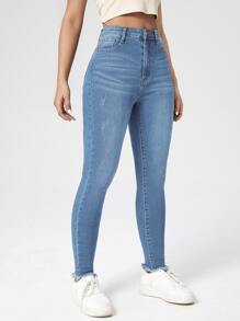 SHEIN Essnce High Waist Raw Hem Skinny Jeans