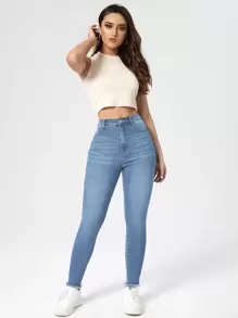 SHEIN Essnce High Waist Raw Hem Skinny Jeans