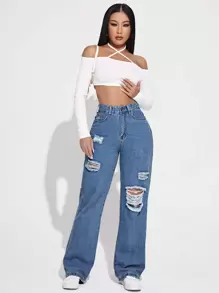 SHEIN EZwear 高腰破洞牛仔褲