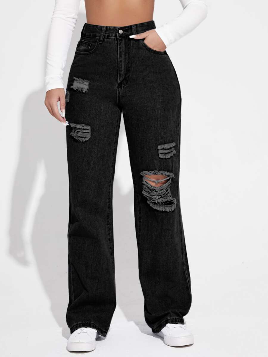 SHEIN EZwear High Waist Ripped Jeans - Black - View 1