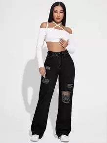 SHEIN EZwear High Waist Ripped Jeans - Black - View 3