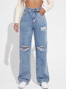 SHEIN EZwear High Waist Ripped Frayed Straight Leg Jeans - Light Wash - View 1