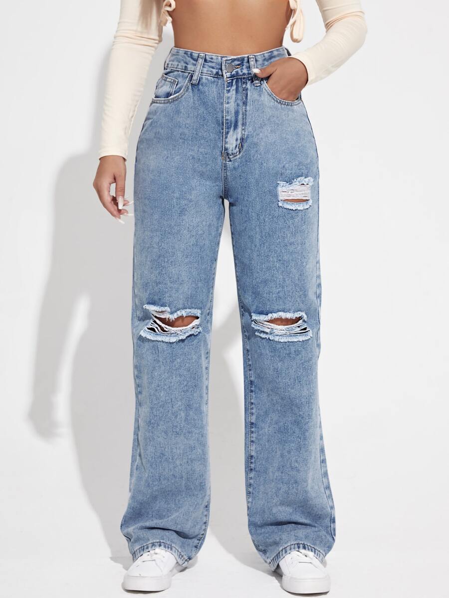 SHEIN EZwear High Waist Ripped Frayed Straight Leg Jeans - Light Wash - View 1