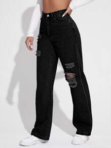 SHEIN EZwear High Waist Ripped Jeans - Black - View 5