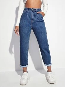 SHEIN EZwear High Waisted Mom Fit Jeans - Medium Wash - View 1