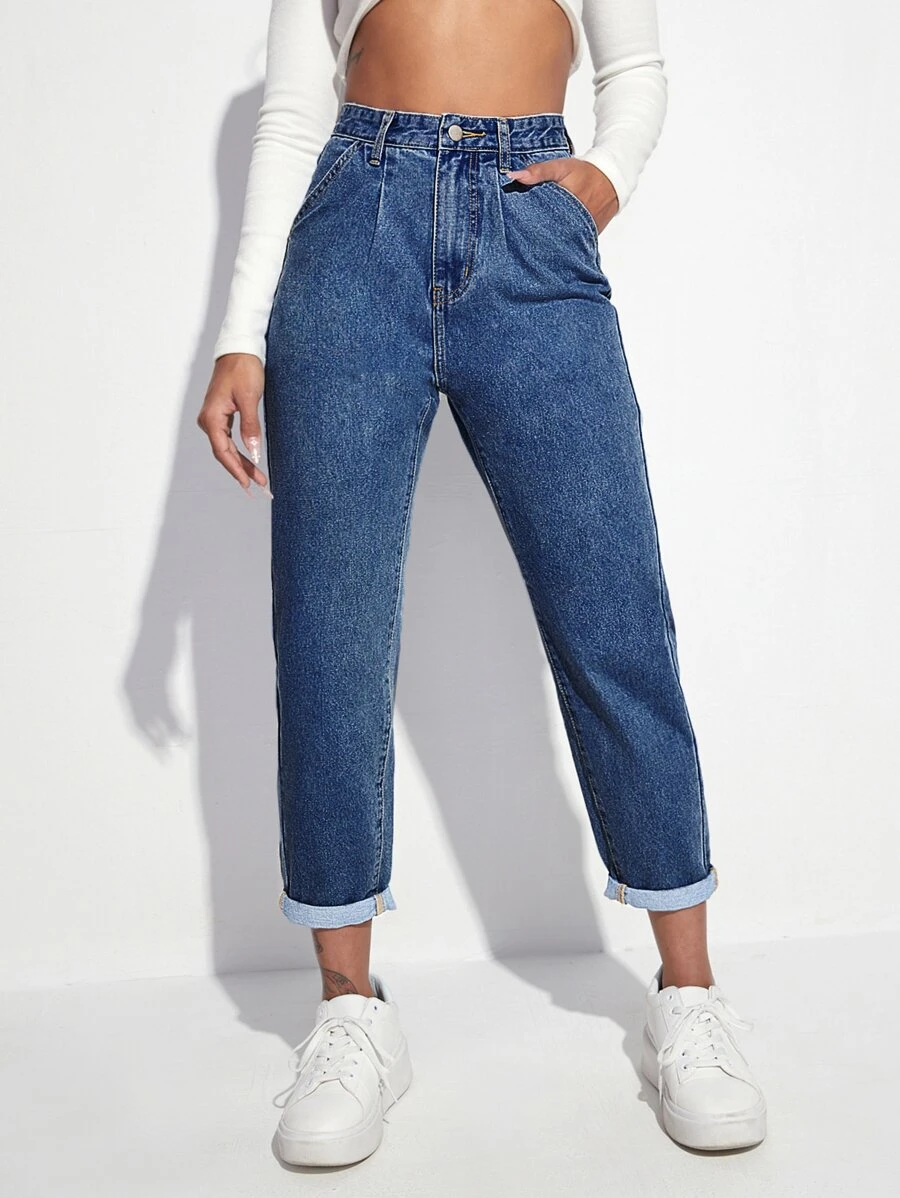 SHEIN EZwear High Waisted Mom Fit Jeans - Medium Wash - View 1